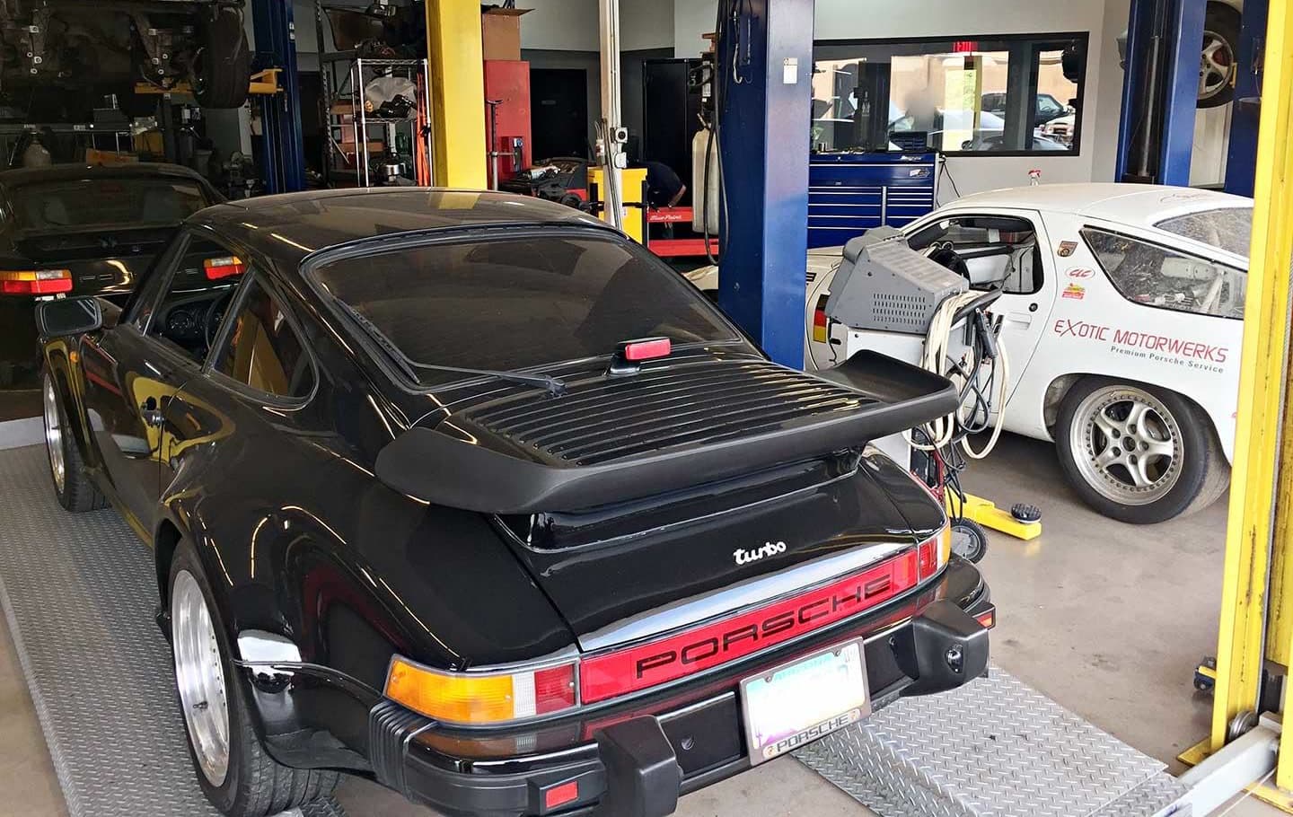 A Porsche 911 Turbo in for service in the Exotic Motorwerks shop in Scottsdale